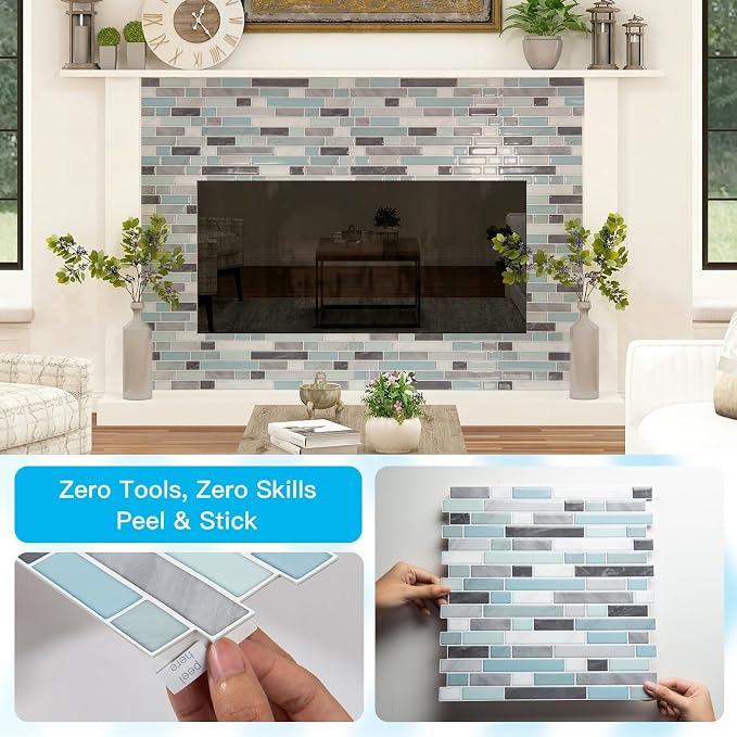 Art3d 10-Sheet Heavy-Duty Peel and Stick Backsplash, Waterproof Wall Tiles Stick on Kitchen Backsplash Living Space, Gray & Blue (Pack of 4)