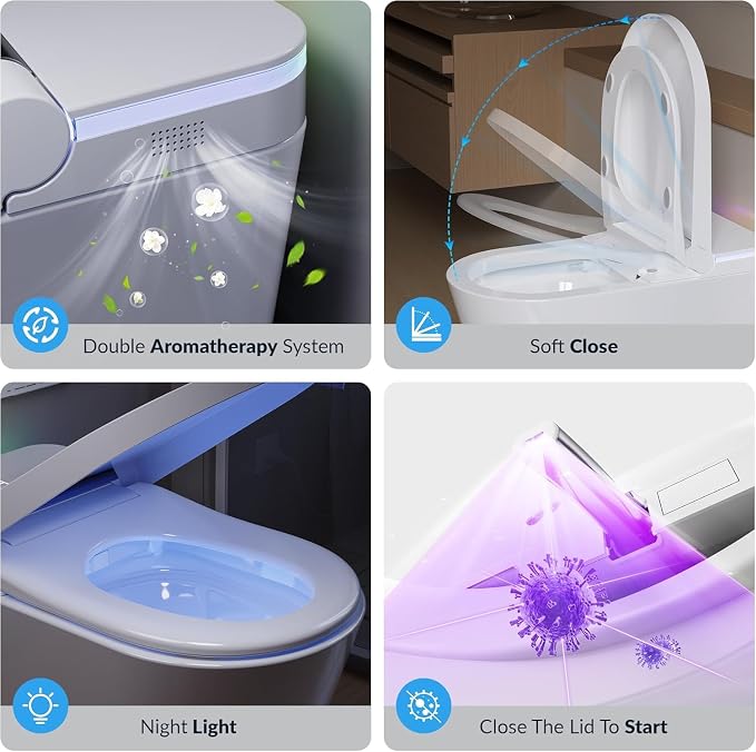 Smart Toilet with Bidet Built In, Heated Seat, Warm Water Wash & Dryer, Tankless Bidet Toilet with Foot Sensor & Night Light, Auto Open/Close Lid & Flush, Wireless Remote, 1.26GPF Water-Saving Design