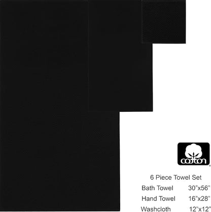 COTTON CRAFT Waffle 6 Piece Towel Set - 100% Cotton - 2 Oversized Luxury Euro Spa Waffle Weave Large Bath Towels, 2 Hand Towels, 2 Washcloths - Absorbent Quick Dry Hotel Bathroom Shower Pool - Black