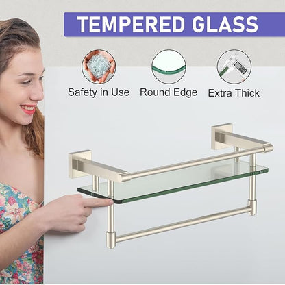 16-Inch Modern Glass Shelf with Towel Bar, 1-Shelf, Brushed Nickel Finish, Wall Mount, Bathroom Organizer
