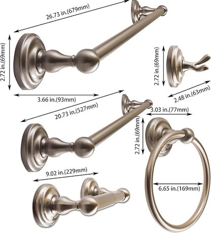 SENTO ROBIKI Nickel Bathroom Accessories Set, Bath Hardware, Includes Robe Hook, Toilet Paper Holder, Towel Ring, 18” & 24” Towel Bar, Duty Metal Bath Hardware Set Wall Mounted (5-Piece, Satin Nickel)