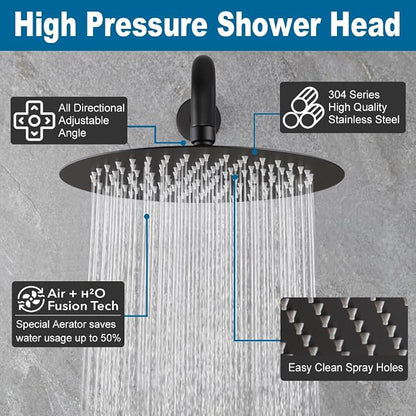 Matte Black Shower Faucet Set, All Metal 12 Inch Round Shower Head and Handle Set, Bathroom Rainfall Shower System, Wall Mounted Shower Fixtures, Include Shower Valve and Trim Kit