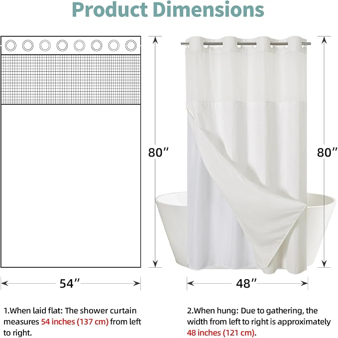 eachope No Hook Waffle Shower Curtain with Snap-in Liner, 54x80 Inch, Cream | 230GSM waffle weave fabric, waterproof liner set with 2 bottom magnets, mesh window, washable, for shower stalls or bathrooms