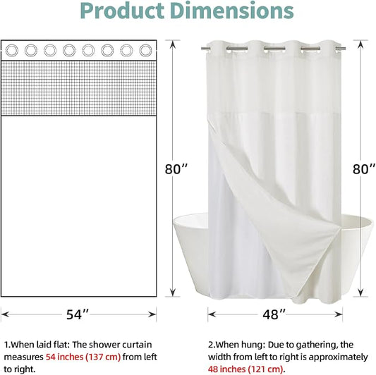eachope No Hook Waffle Shower Curtain with Snap-in Liner, 54x80 Inch, Cream | 230GSM waffle weave fabric, waterproof liner set with 2 bottom magnets, mesh window, washable, for shower stalls or bathrooms