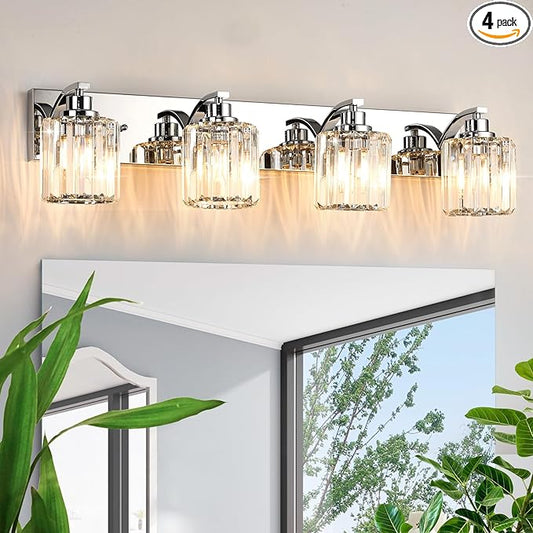 4 Lights Crystal Bathroom Vanity Light Modern Chrome Bathroom Light Fixture Bathroom Lighting Fixtures Over Mirror for Mirror E26 Base
