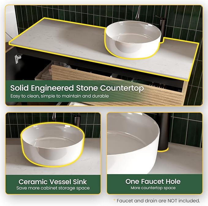 48" Bathroom Vanity with Sink and Side Cabinet Combo Set, Modern Bathroom Cabinet with Ceramic Vessel Sink, Engineered Stone Top, Soft-Closing Drawers & Door, Natural Oak