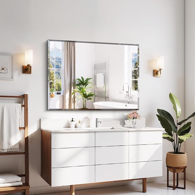 CILIBER Beveled Mirror, 30x40 Large Frameless Bathroom Mirrors for Wall, 3mm Tempered Glass Rectangle Vanity Mirror with Beveled Edge, Crystal-Clear, Hangs Horizontally or Vertically