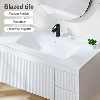 Floating Bathroom Vanity with Sink, 40 Inch Wall Mounted Bathroom Vanity with 2 Drawers and Wave-Carved Design Door, Modern Wooden Cabinet with Ceramic Sink and Storage, White