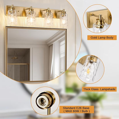 4 Light Bathroom Vanity Light Modern Brushed Gold Bathroom Light Fixtures Over Mirror with Hammered Glass Lampshade for Kitchen Hallway