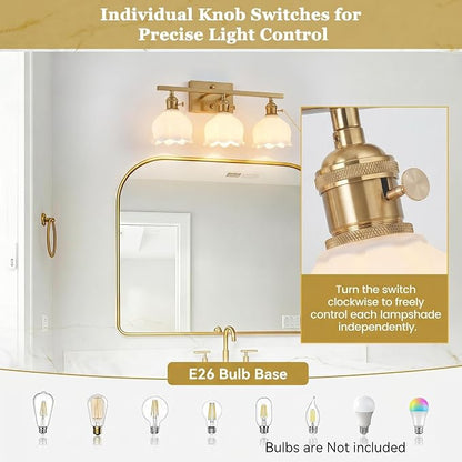 3-Light Vintage Bathroom Vanity Light, 19.4" Brass Hardwired Wall Sconce with Amber Tulip Glass Shades, Brushed Gold Vanity Light for Mirror, Restroom, Bedroom (White, 3-Light)