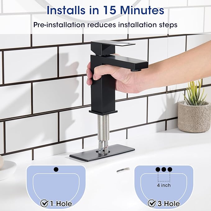 Black Bathroom Faucet, Stainless Steel Vanity Bathroom Sink Faucet with Pop Up Drain Stopper and Water Hoses, Easy to Install Bathroom Faucet 1 Hole for Bathroom Sink, Vanity, RV, Farmhouse