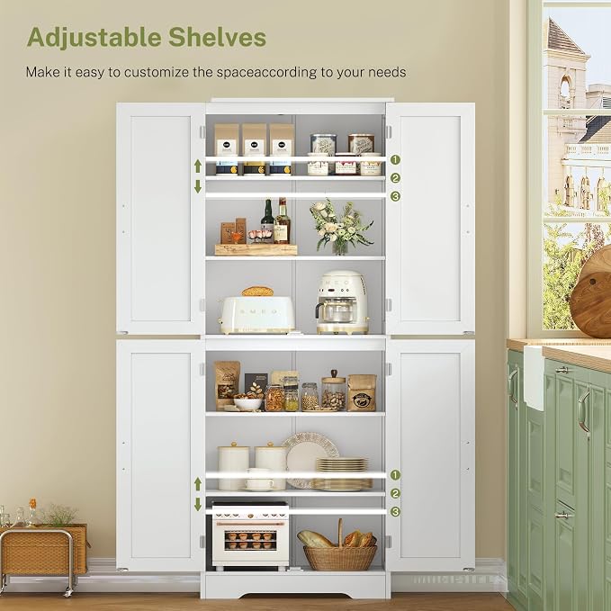 67” Storage Cabinet, Kitchen Pantry Cabinet with 4 Doors and 2 Adjustable Shelves, Cupboard, Tall Bathroom Cabinets for Dining Room, Living Room, White