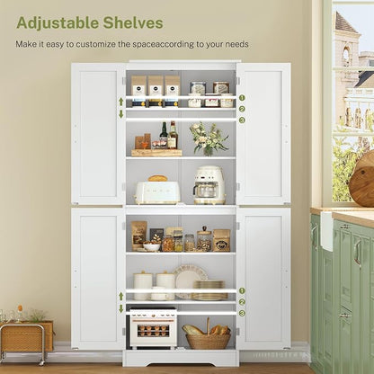 67” Storage Cabinet, Kitchen Pantry Cabinet with 4 Doors and 2 Adjustable Shelves, Cupboard, Tall Bathroom Cabinets for Dining Room, Living Room, White