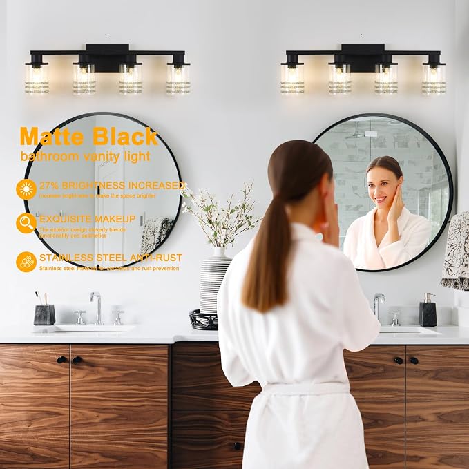 YYT 4 Light Bathroom Light Fixtures Black Vanity Lights for Bathroom Vanity Light Matte Black 4 Light with Clear Glass Shades