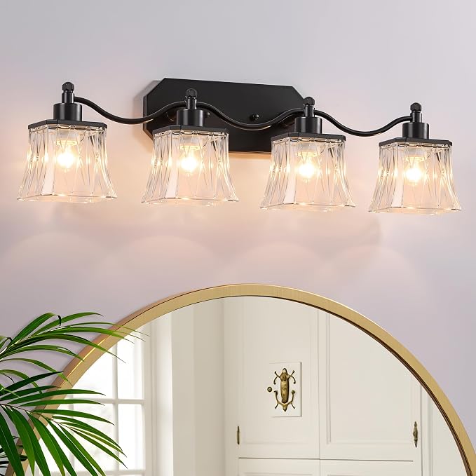 4-Light Matte Black Vanity Light, Vintage Crystal Glass Shades | Rust & Humidity Resistant Iron Frame,Mounted Over Mirror, Compatible with E26 Bulbs for Bathroom, Bedroom & Hallway