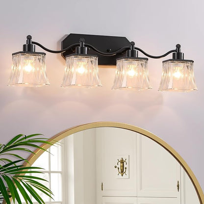4-Light Matte Black Vanity Light, Vintage Crystal Glass Shades | Rust & Humidity Resistant Iron Frame,Mounted Over Mirror, Compatible with E26 Bulbs for Bathroom, Bedroom & Hallway
