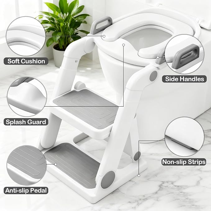 Potty Training Seat with Step Ladder for Kids Boy Girl, Grey | No Assembly Required, Toddler Toilet Training, Foldable Non-Slip Steps, Splash Guard, 2-in-1, Adjustable, Potty Ladder Chair