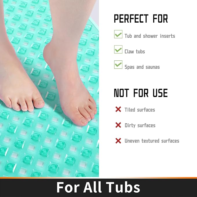 Yimobra Bathtub Mat Non Slip, 35"X16" Shower Mat with Strong Suction Cups&Drain Holes, Long Anti Slip Bath Tub Mat for Inside Shower, Machine Washable Fast Drying, Bathroom Essentials, Clear Green