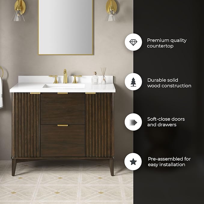 OVE Decors Indy 42 in. Undermount Single Sink Bathroom Vanity with White Engineered Marble Top, Dark Walnut