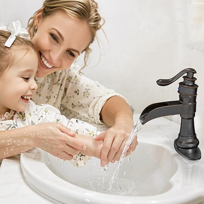 Bathroom Sink Faucet Waterfall Oil Rubbed Bronze Single Handle | Pop Up Drain with Overflow,Easy to Clean,Stable Installation,Gentle Water Flow Prevents Splashing,Elegant Minimalist Style