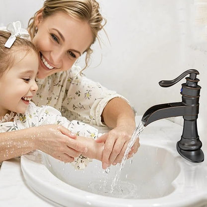 Bathroom Sink Faucet Waterfall Oil Rubbed Bronze Single Handle | Pop Up Drain with Overflow,Easy to Clean,Stable Installation,Gentle Water Flow Prevents Splashing,Elegant Minimalist Style