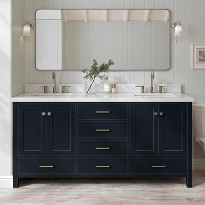 ARIEL Cambridge 72-inch Bathroom Vanity with Sink,Solid Wood, 1.5-inch Italian Carrara Marble Countertop, Double Rectangular Porcelain Sink, 4 Soft Closing Doors, 6 Dovetail Drawers, Midnight Blue
