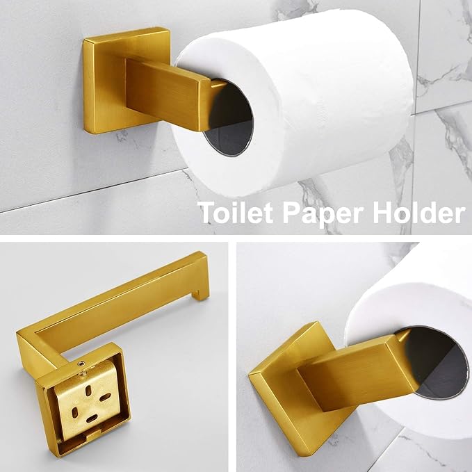 5-Piece Brushed Gold Bathroom Hardware Accessory Set Including 24inch Towel Bar Toilet Paper Holder Towel Holder Robe Hook Premium SUS 304 Stainless Steel Wall Mounted Square Style,Rustproof