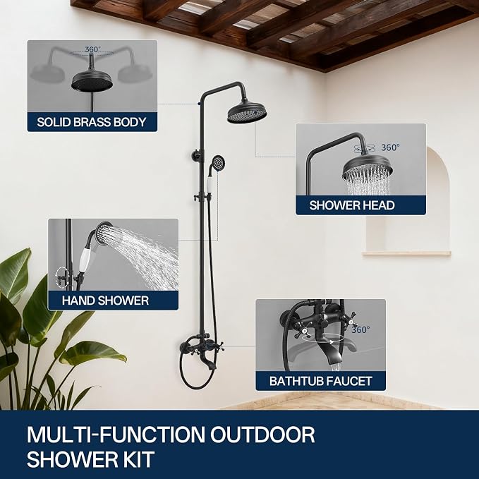 Homevacious Matte Black Outdoor Shower Kit Exposed Shower | 8 Inch High Pressure Rain Shower Head with Hand Spray Bathroom Shower Faucet System Double Knobs Cross Handle 3-function