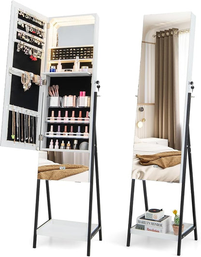 CHARMAID Jewelry Cabinet Armoire with Full Length Mirror, 3-Color Light Strips, Mirrored Tilt out Drawer, Lockable Standing Jewelry Organizer with Storage Shelves, Metal Stand (White)