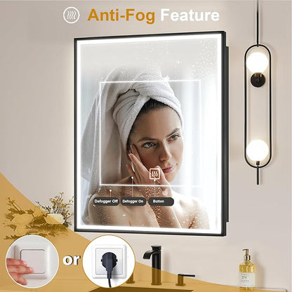 LED Lighted Medicine Cabinet with Mirror, Recessed or Wall Mounted Bathroom Mirror with Storage, Anti-Fog, 3-Color Dimming, Adjustable Shelves, Black Metal Frame - 16x24 inch