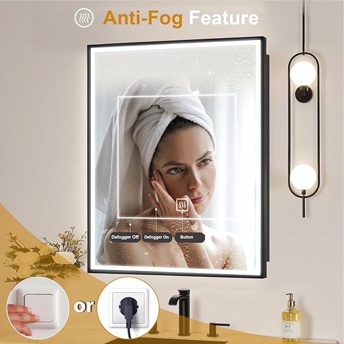 LED Lighted Medicine Cabinet with Mirror, Recessed or Wall Mounted Bathroom Mirror with Storage, Anti-Fog, 3-Color Dimming, Adjustable Shelves, Black Metal Frame - 14x18 inch