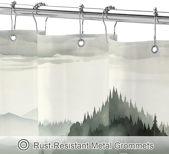 Litabel Dark Green Small Stall Misty Pine Forest Shower Curtain 36 x 72, Mountain Foggy Woodland Scenery Tree Narrow Half Size Shower Curtains for Bathroom, Abstract Waterproof Nature-Themed Decor