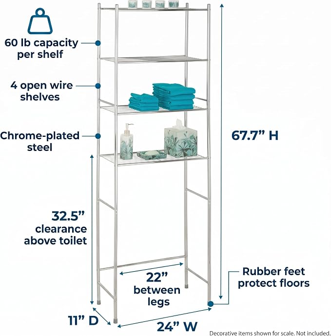 Honey-Can-Do 4-Tier Steel Over-the-Toilet Storage Shelf, Chrome | 4-tier steel shelf frees floor space over the toilet. 10.5in shelf gap for towels & toiletries. Chrome, 68in tall.