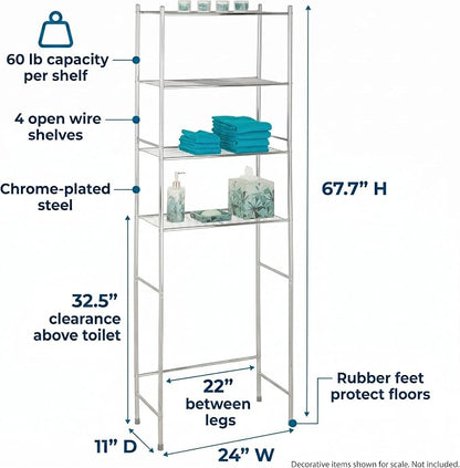 Honey-Can-Do 4-Tier Steel Over-the-Toilet Storage Shelf, Chrome | 4-tier steel shelf frees floor space over the toilet. 10.5in shelf gap for towels & toiletries. Chrome, 68in tall.