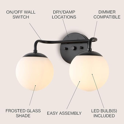 JONATHAN Y 15" Black Modern Globe Wall Sconce Vanity Light for Bathroom, White Frosted Glass Shade, Midcentury Parisian Bistro Wall Lamp, LED Bulb Included (JYL3535B)