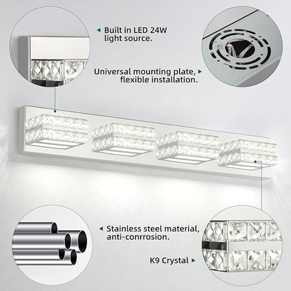 OKELI Crystal Vanity Lights LED Bathroom Vanity Light Fixture Over Mirror Modern Indoor Mirror Front Lamp, 6000K Cold White Dimmable, 4-Lights, 24W, ETL Listed