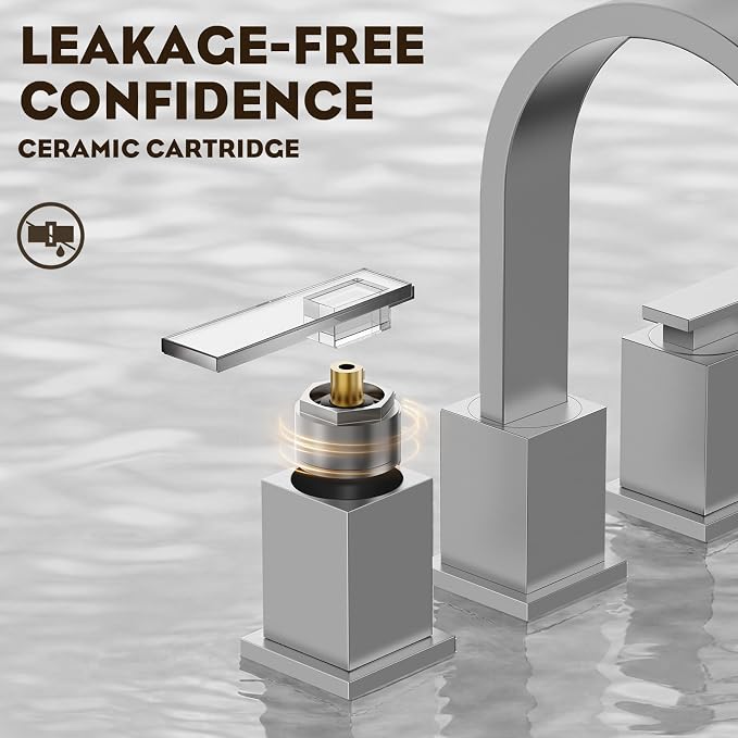 Brushed Nickel 3 Hole Bathroom Faucet 8 Inch Waterfall Vanity Faucet, Bathroom Sink Faucet with Pop Up Drain and Water Supply Line, WF011-BN