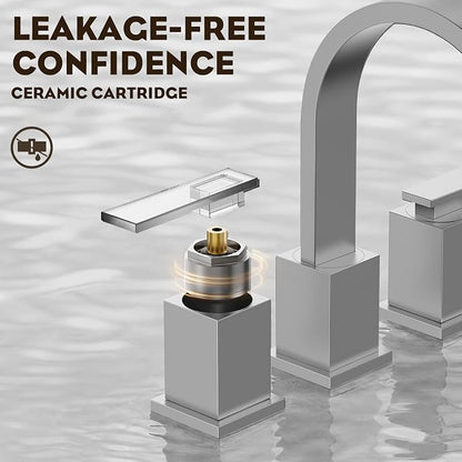 Brushed Nickel 3 Hole Bathroom Faucet 8 Inch Waterfall Vanity Faucet, Bathroom Sink Faucet with Pop Up Drain and Water Supply Line, WF011-BN