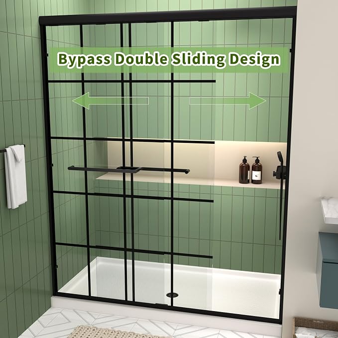 Semi-Frameless Double Sliding Shower Door, Grid Pattern Matte Black Finish | 56"-60" W x 72" H Shower Doors,6mm Clear SGCC Tempered Glass,Bypass Shower Enclosure Easy-Clean Nano Coating&Adjustable Width