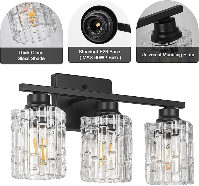 Refice 3-Light Bathroom Vanity Lights Crystal Glass, Black | Bathroom Light Fixtures Vanity Lighting Over Mirror for Living Room Farmhouse, Hallway