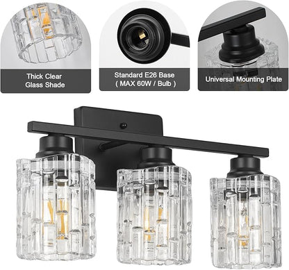 Refice 3-Light Bathroom Vanity Lights Crystal Glass, Black | Bathroom Light Fixtures Vanity Lighting Over Mirror for Living Room Farmhouse, Hallway