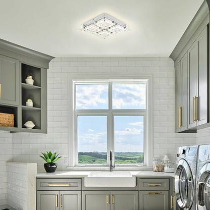 Hallway Light Fixture Crystal Flush Mount Ceiling Lights LED Square Bathroom Ceiling Light Dimmable 14 Inch 4000K Kitchen Ceiling Lighting Foyer Chrome Living Room Light