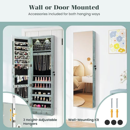 NAFORT 2 LEDs Mirror Jewelry Armoire, 47.5" H Door or Wall Mounted Jewelry Cabinet with Frameless Mirror, Lockable Jewelry Storage Box, Hanging Jewelry Organizer with 2 Drawers, Vintage Blue