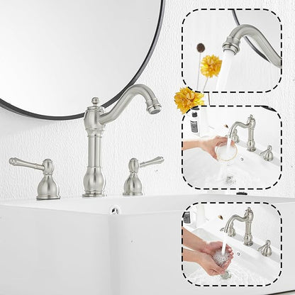 GGStudy 2 Handles 3 Holes Faucet Widespread Bathroom Sink Faucet Basin Tap Mixer Supply Hose Included Matching Pop Up Drain Brushed Nickel