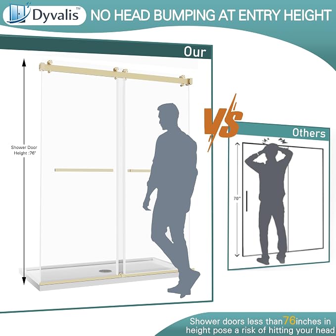 49-54" W x 76" H Frameless Double Sliding Shower Door for Walk-in Shower,5/16" (8mm) SGCC Certified Clear Tempered Safety Glass,Easy-Clean Coating,Quiet Heavy-Duty Roller System, Brushed Gold