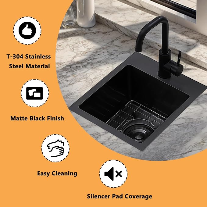 VAPSINT 13x15 Inch Black Drop In Bar Sink, Single Bowl Top Mount Handmade Gunmetal Black Wet Bar Prep RV Sink, 16 Guage Stainless Steel Outdoor Small Kitchen Sinks with Grid & Drain Strainer