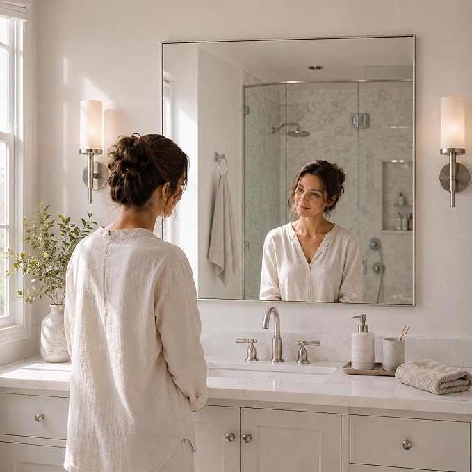 30"x30" Brushed Nickel Framed Square Bathroom Vanity Wall Mirror | Accent Wall Mirror, Square Geometric Look, Slim Metal Frame, Living Room or Entryway, Keyhole Mount, Tempered Glass