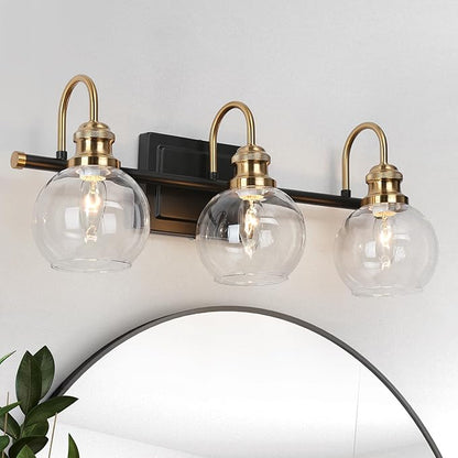 KSANA Black Gold Vanity Light, Modern 3-Light Bathroom Light Fixture with Clear Glass Globes, Electroplating Brass 22”L Vanity Lighting Over Mirror