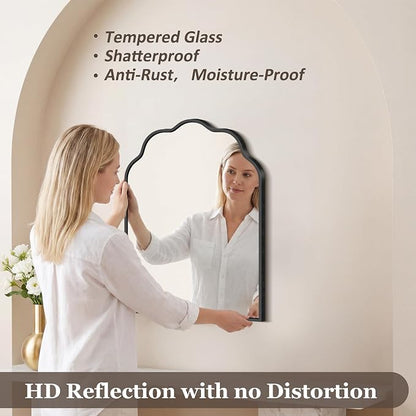 Arched Scalloped Mirror, 18×24Inch Black Mirror for Bathroom, Wavy Wall Mounted Vanity Mirror with Aluminum Alloy Frame for Livingroom Bedroom and Entryway, Tempered Glass