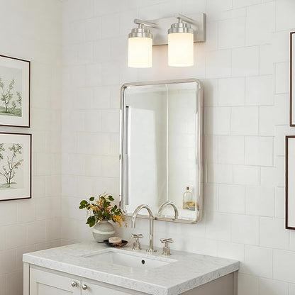 IZORRO Bathroom Vanity Light Fixture, 2-Light 15 Inch Brushed Nickel Bathroom Light Fixtures Over Mirror, with White Glass Shade, Modern Farmhouse Vanity Lights, Rustic Restroom Lighting Fixtures
